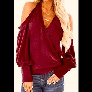 Women's Cold Shoulder Long Sleeve V-Neck Wrap Top